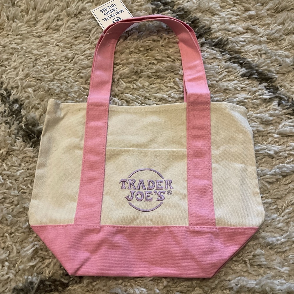 Trader Joe's Mini Pastel Canvas Tote Bag in Pink with Purple Embroidery
